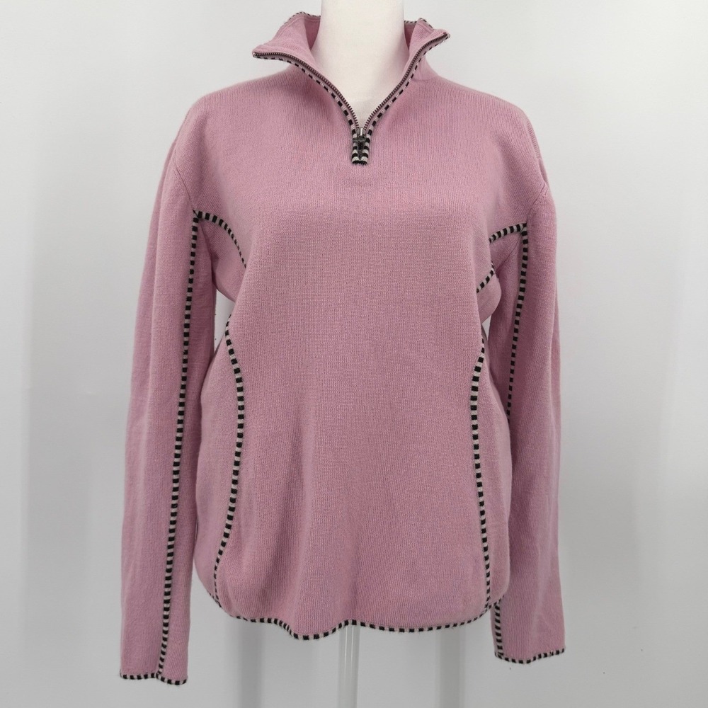 100% New Wool Neve Designs Pink Quarter Zip Sweater Checkered Trim Mock Neck